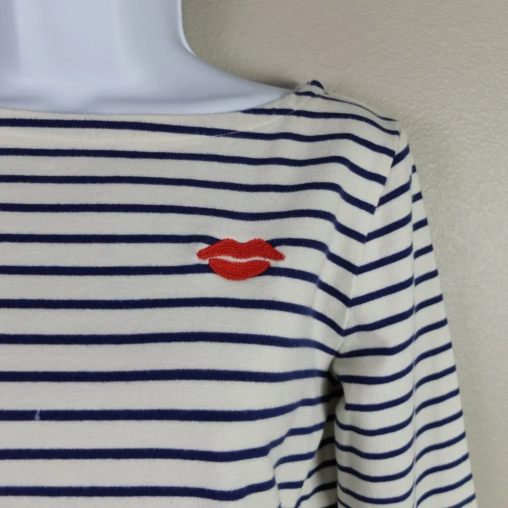 J Crew White Navy Blue Classic Mariner Boatneck 3/4 Sleeves Size XS